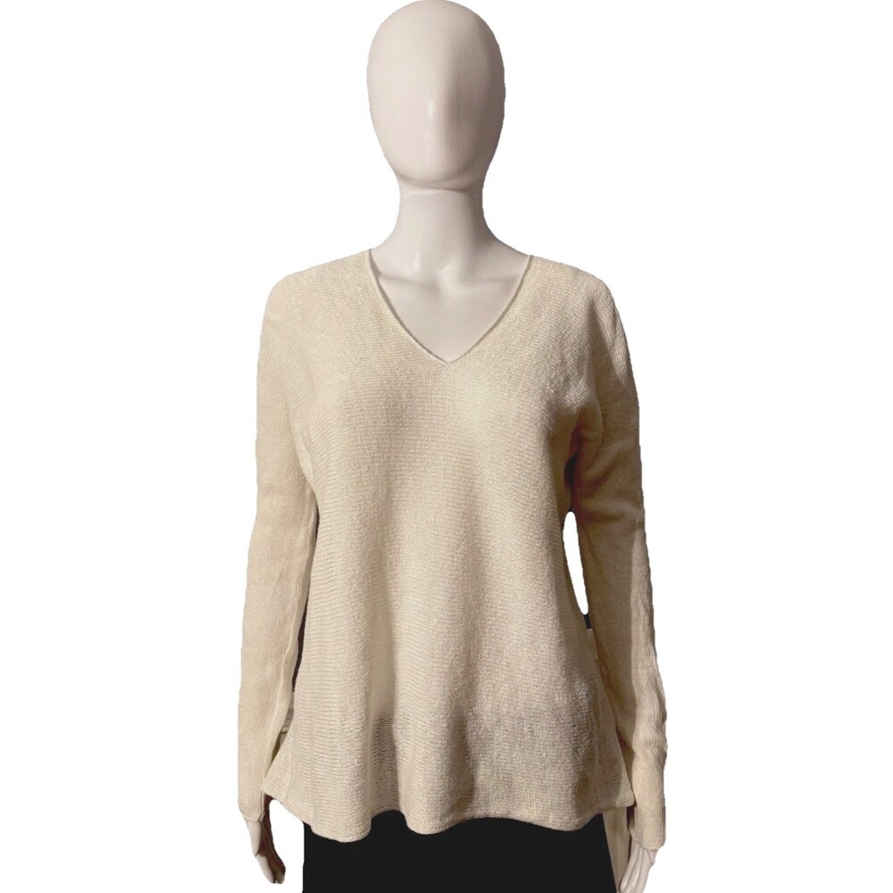 Vince 100% Linen Back V-Neck Top Summer Sweater Ivory Shirt Minimalist SZ XS